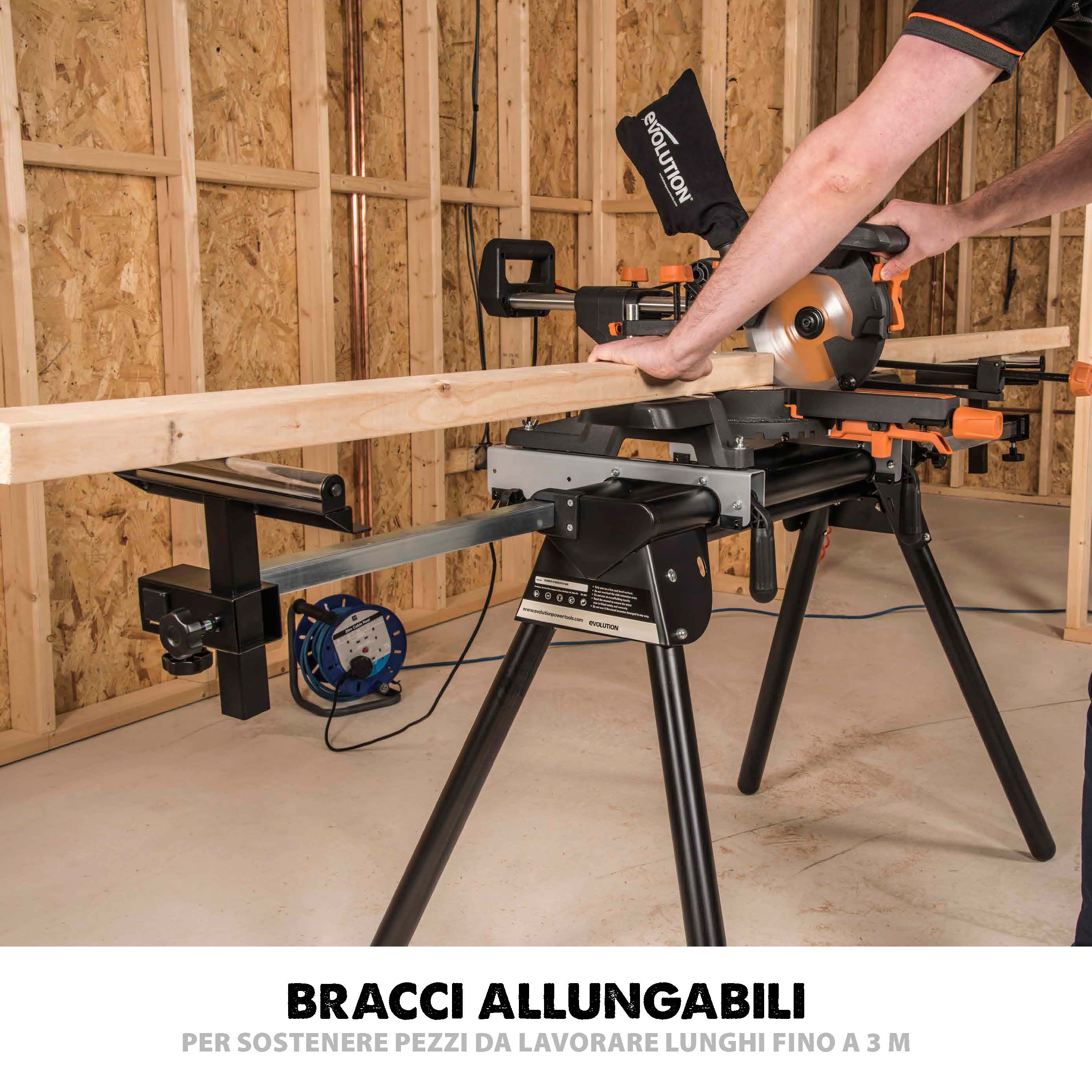 Pacchetto Evolution: Troncatrice angolare con piano superiore R210MTS-G2 lama da 210mm multi-materiale TCT + Supporto universale