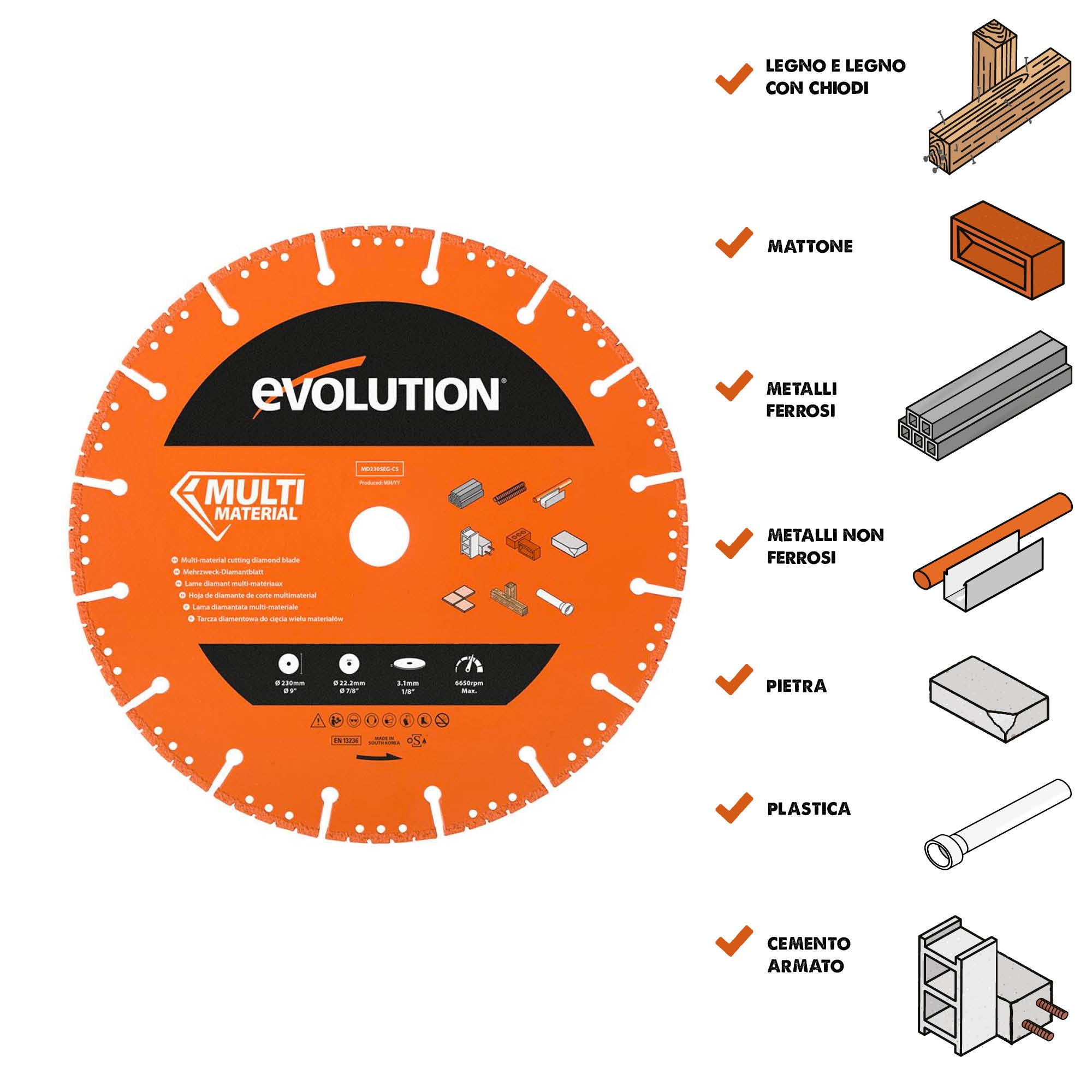 Disco diamantato per demolizione multi-materiale, segmentato, 230mm, alesaggio 22,2mm, Evolution per troncatrici per calcestruzzo