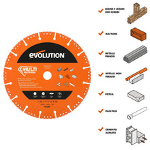 Disco diamantato per demolizione multi-materiale, segmentato, 255mm, alesaggio 22,2mm, Evolution per troncatrici per calcestruzzo