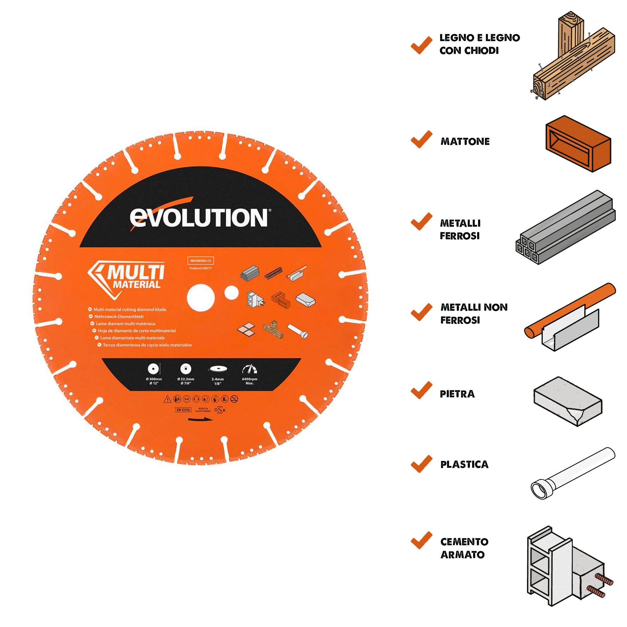 Disco diamantato per demolizione multi-materiale, segmentato, 300mm, alesaggio 22,2mm, Evolution per troncatrici per calcestruzzo