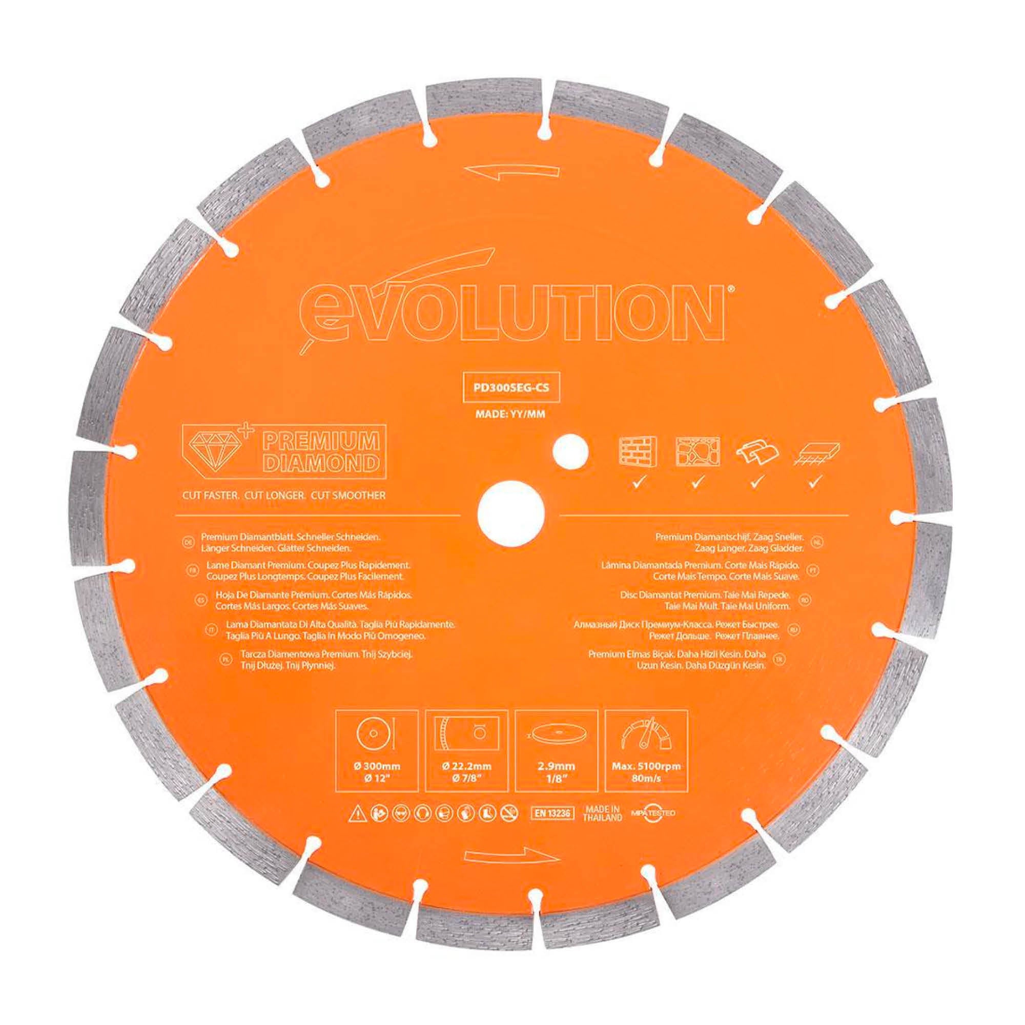 Disco diamantato premium segmentato da 300 mm con foro da 22,2 mm Evolution per sega circolare per calcestruzzo