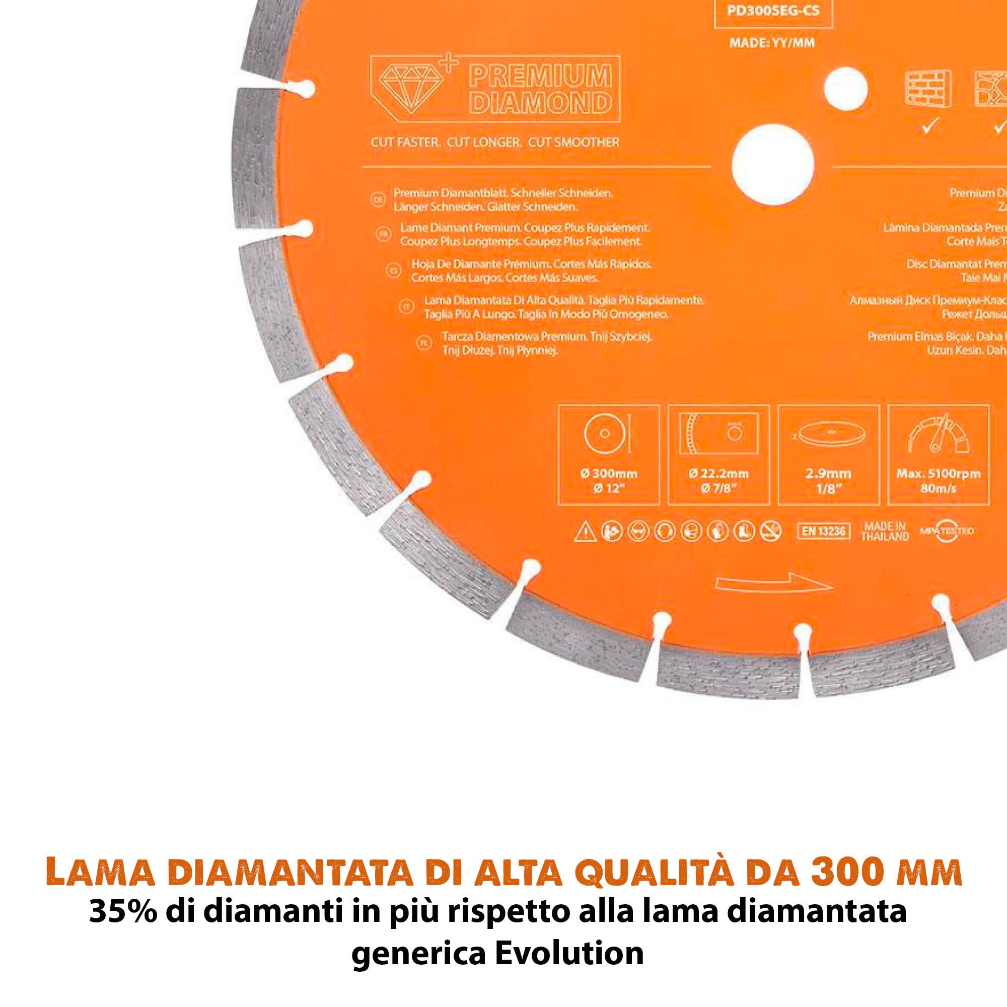 Disco diamantato premium segmentato da 300 mm con foro da 22,2 mm Evolution per sega circolare per calcestruzzo