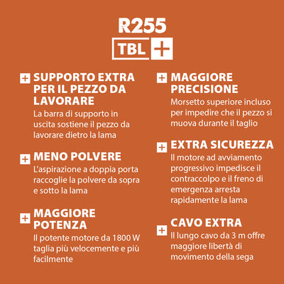 Banco sega R255TBL+ 1800W con lama da 255mm multi-materiale TCT + Supporto portatile con ruote