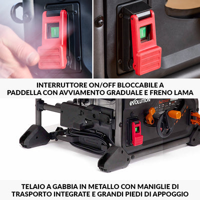 Pacchetto Evolution: Banco Sega R255TBL+ 1800W con lama da 255mm multi-materiale TCT + Supporto portatile con ruote