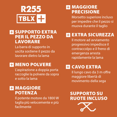 Pacchetto Evolution: Banco Sega R255TBL+ 1800W con lama da 255mm multi-materiale TCT + Supporto portatile con ruote