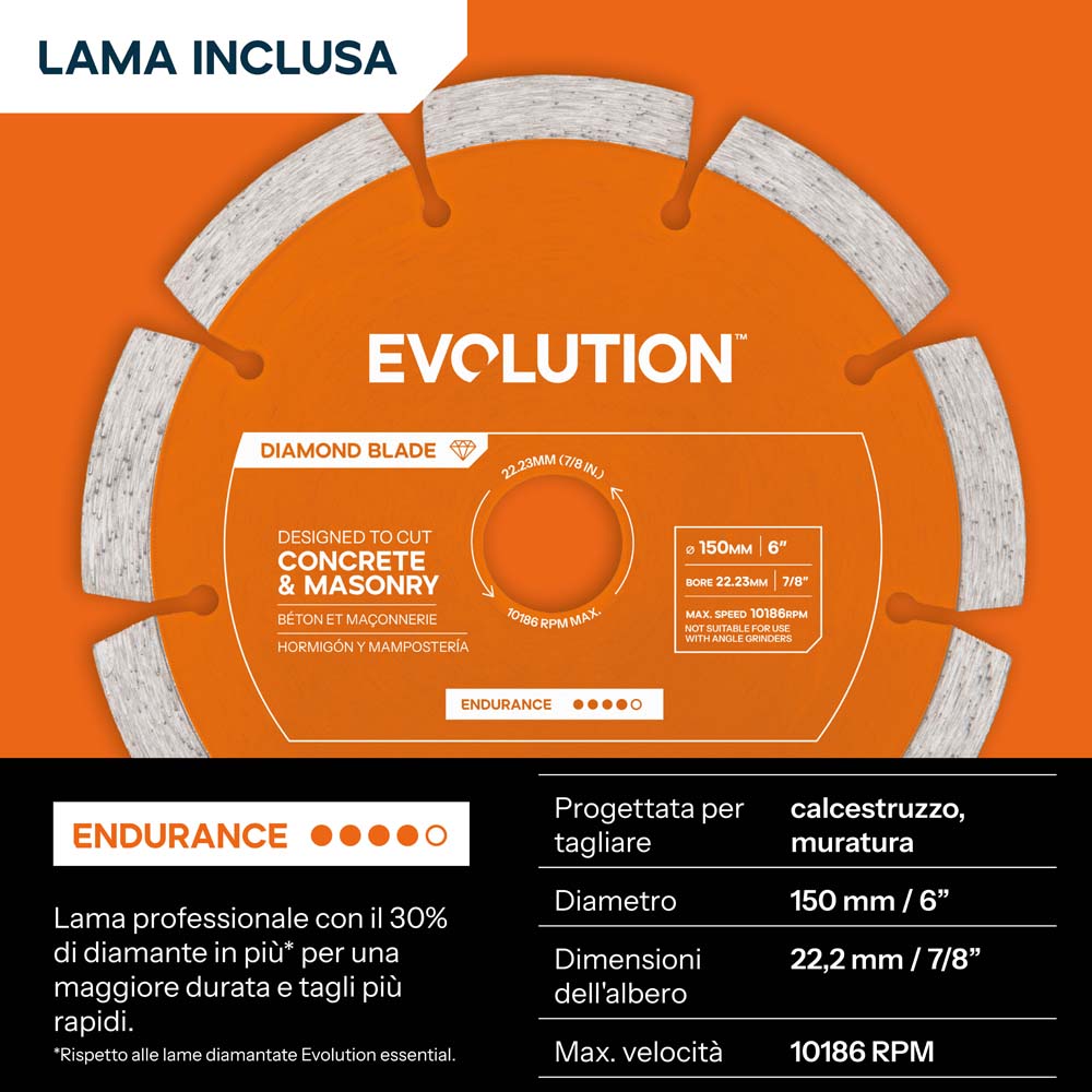 Sega elettrica per cemento da 150mm con disco diamantato Endurance | R150DCT