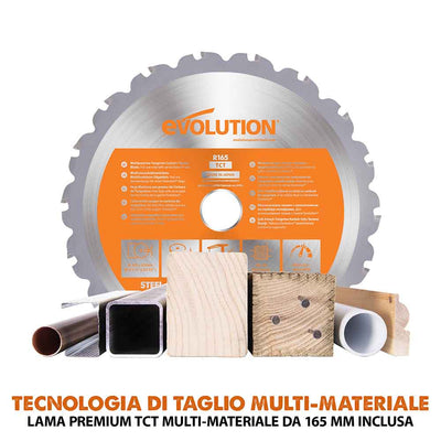 Sega circolare a batteria 165mm Evolution R165CCS-Li con lama multi-materiale TCT, batteria da 4Ah e caricabatterie rapido.