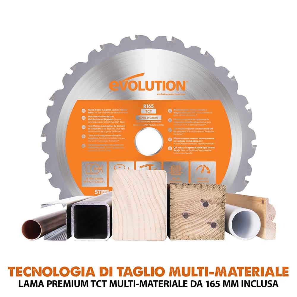Sega circolare a batteria 165mm Evolution R165CCS-Li con lama multi-materiale TCT, batteria da 4Ah e caricabatterie rapido.
