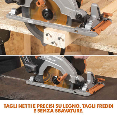 Sega circolare a batteria 165mm Evolution R165CCS-Li con lama multi-materiale TCT, batteria da 4Ah e caricabatterie rapido.