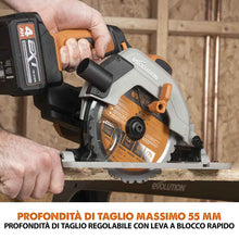 Sega circolare a batteria 165mm Evolution R165CCS-Li con lama multi-materiale TCT, batteria da 4Ah e caricabatterie rapido.