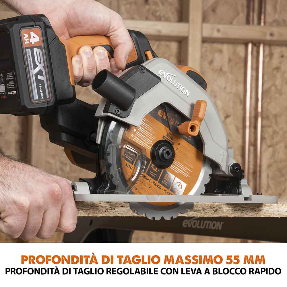 Sega circolare a batteria 165mm Evolution R165CCS-Li con lama multi-materiale TCT, batteria da 4Ah e caricabatterie rapido.