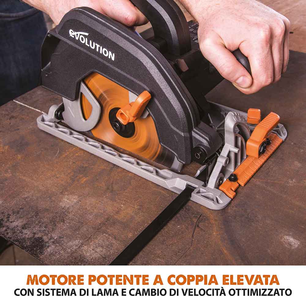 Sega circolare Evolution R185CCSX con lama da 185mm multi-materiale TCT e binari guida da 1,02m