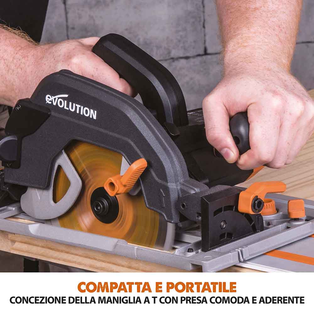 Sega circolare Evolution R185CCSX con lama da 185mm multi-materiale TCT e binari guida da 1,02m