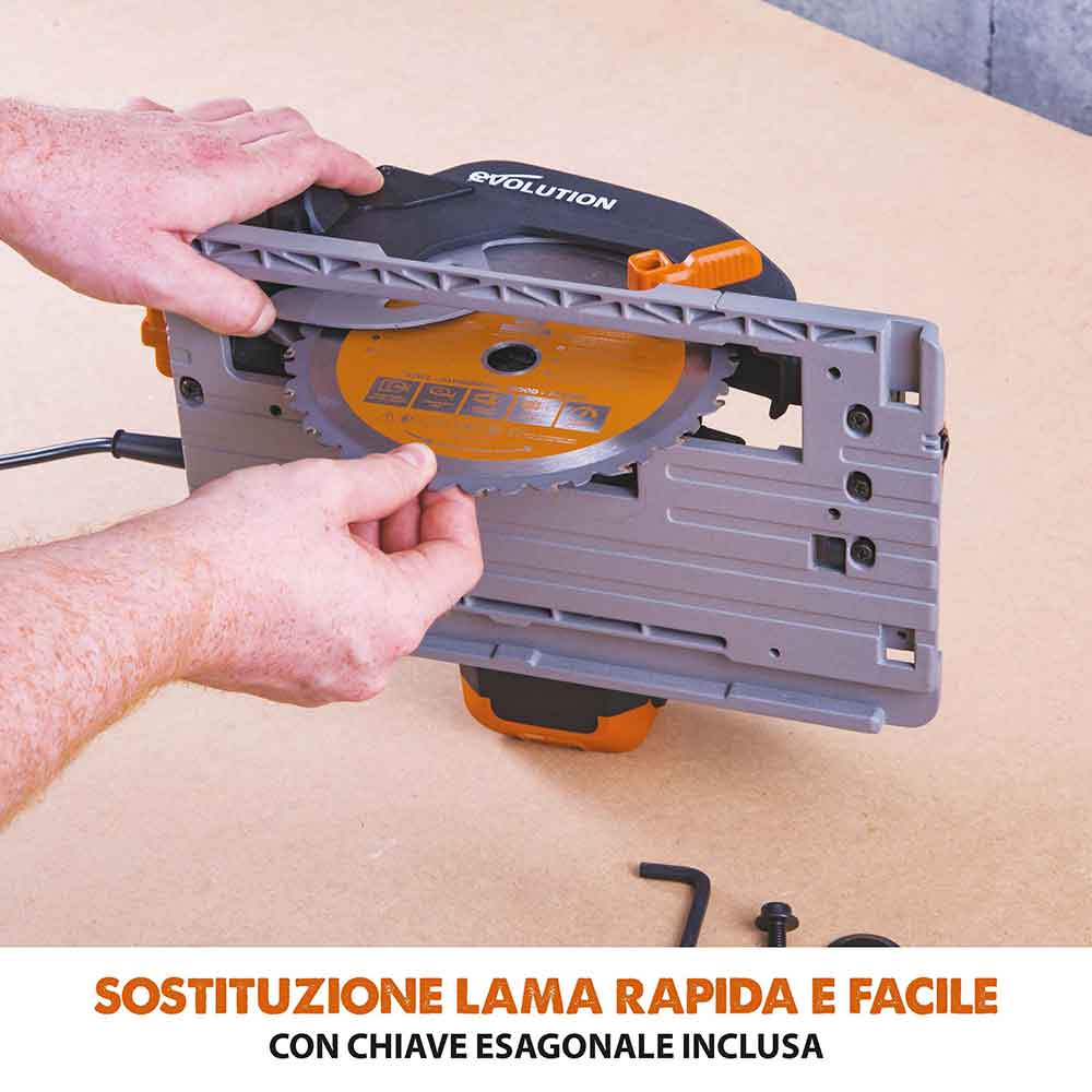 Sega circolare Evolution R185CCSX con lama da 185mm multi-materiale TCT e binari guida da 1,02m