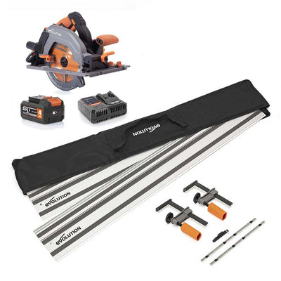 Pacchetto Evolution: Sega circolare a batteria 185mm R185CCSX-Li con batteria da 4Ah e caricabatterie + guida di taglio 2,8 metri