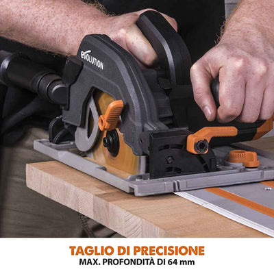 Pacchetto Evolution: Sega circolare R185CCSX+ con lama da 185mm multi-materiale TCT + borsa per il trasporto + Binari guida al taglio universali da 2,8 m