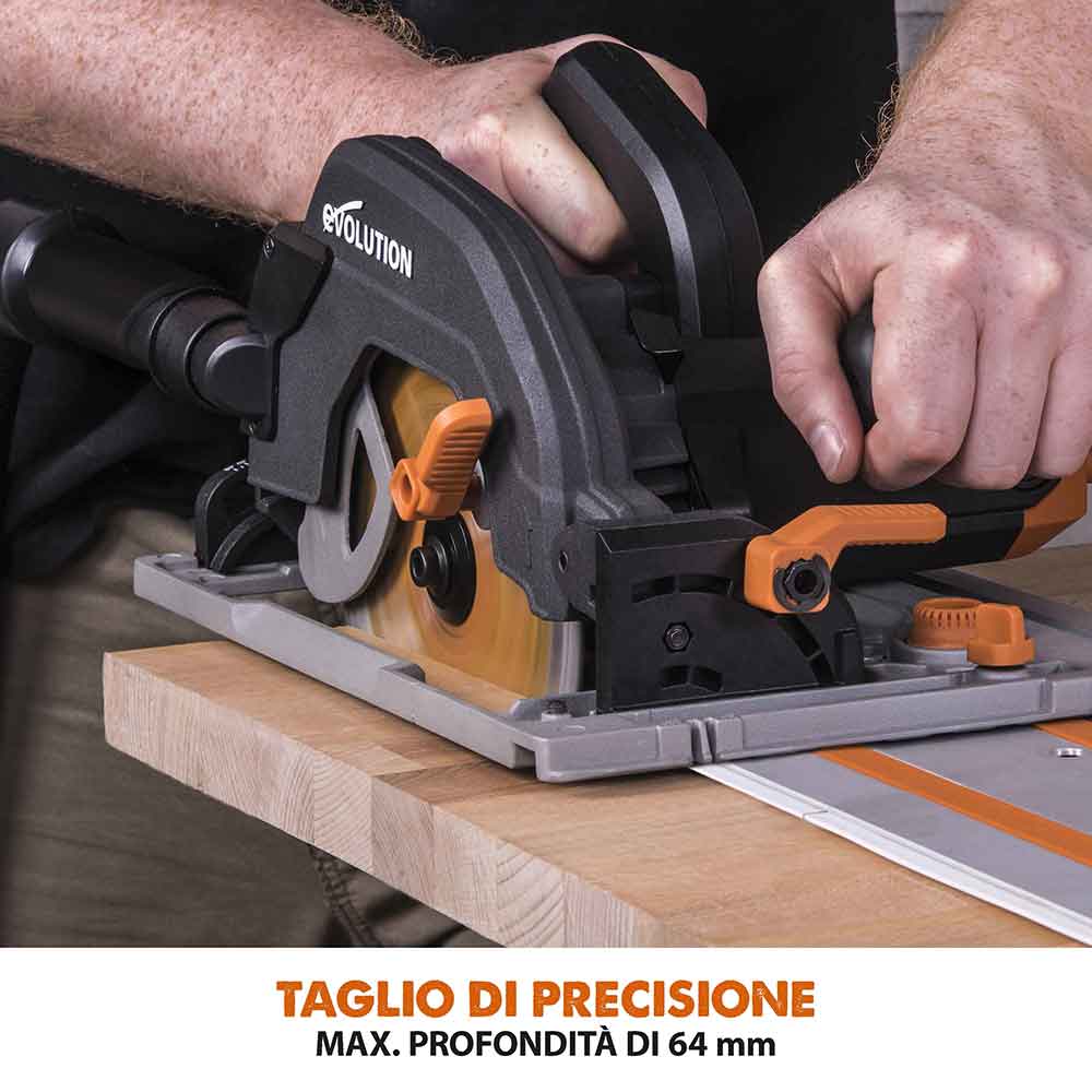 Pacchetto Evolution: Sega circolare R185CCSX+ con lama da 185mm multi-materiale TCT + borsa per il trasporto + Binari guida al taglio universali da 2,8 m