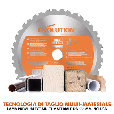 Troncatrice angolare a batteria Evolution R185CMS-Li da 185 mm con lama multi-materiale TCT, batteria da 4 Ah e caricabatterie