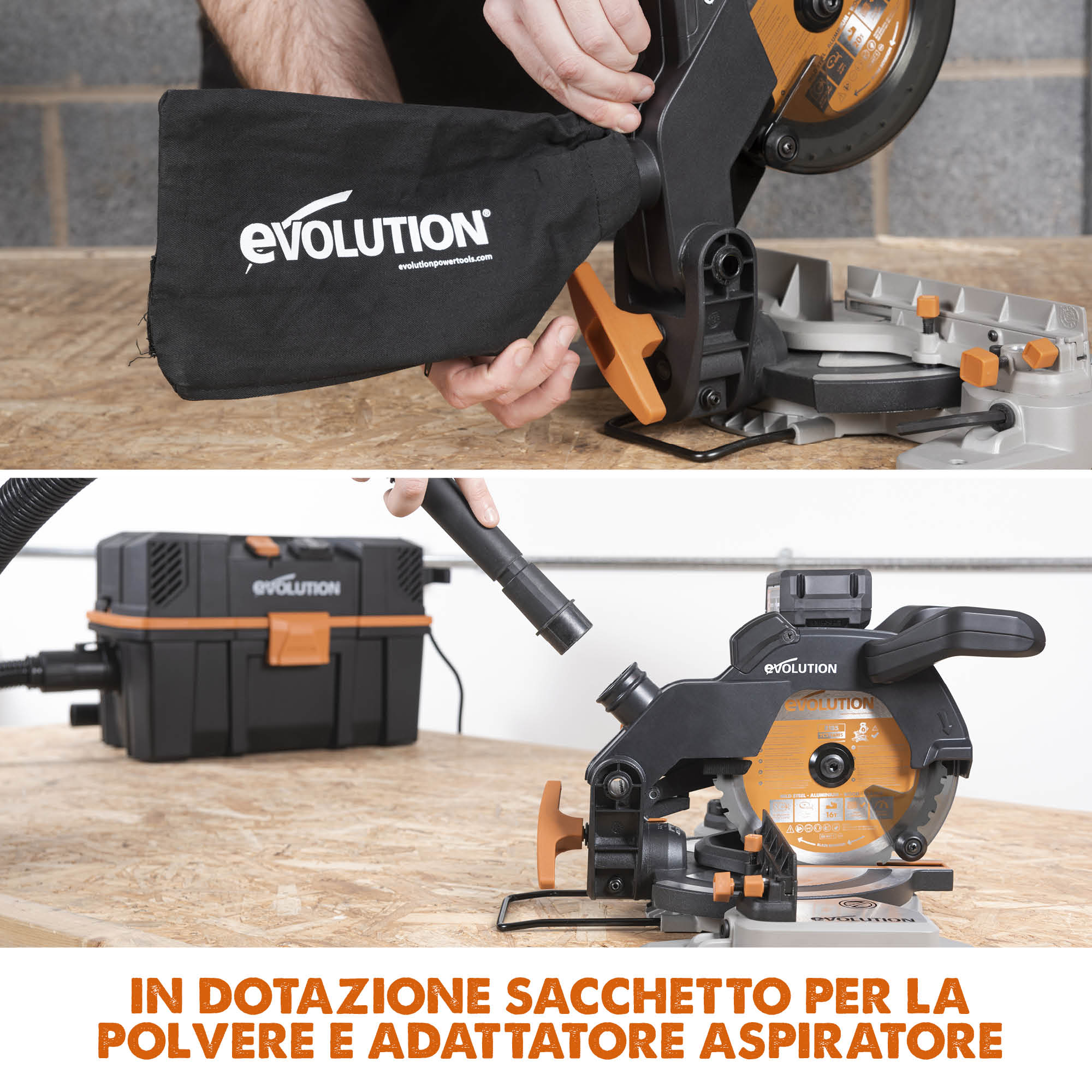 Troncatrice angolare a batteria Evolution R185CMS-Li da 185 mm con lama multi-materiale TCT, batteria da 4 Ah e caricabatterie