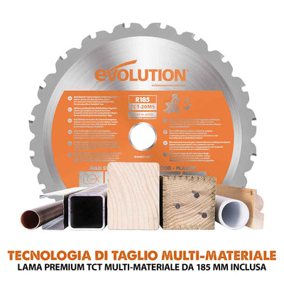 Troncatrice radiale angolare a batteria Evolution R185SMS-Li da 185 mm con lama multi-materiale TCT, batteria da 4 Ah e caricabatterie rapido