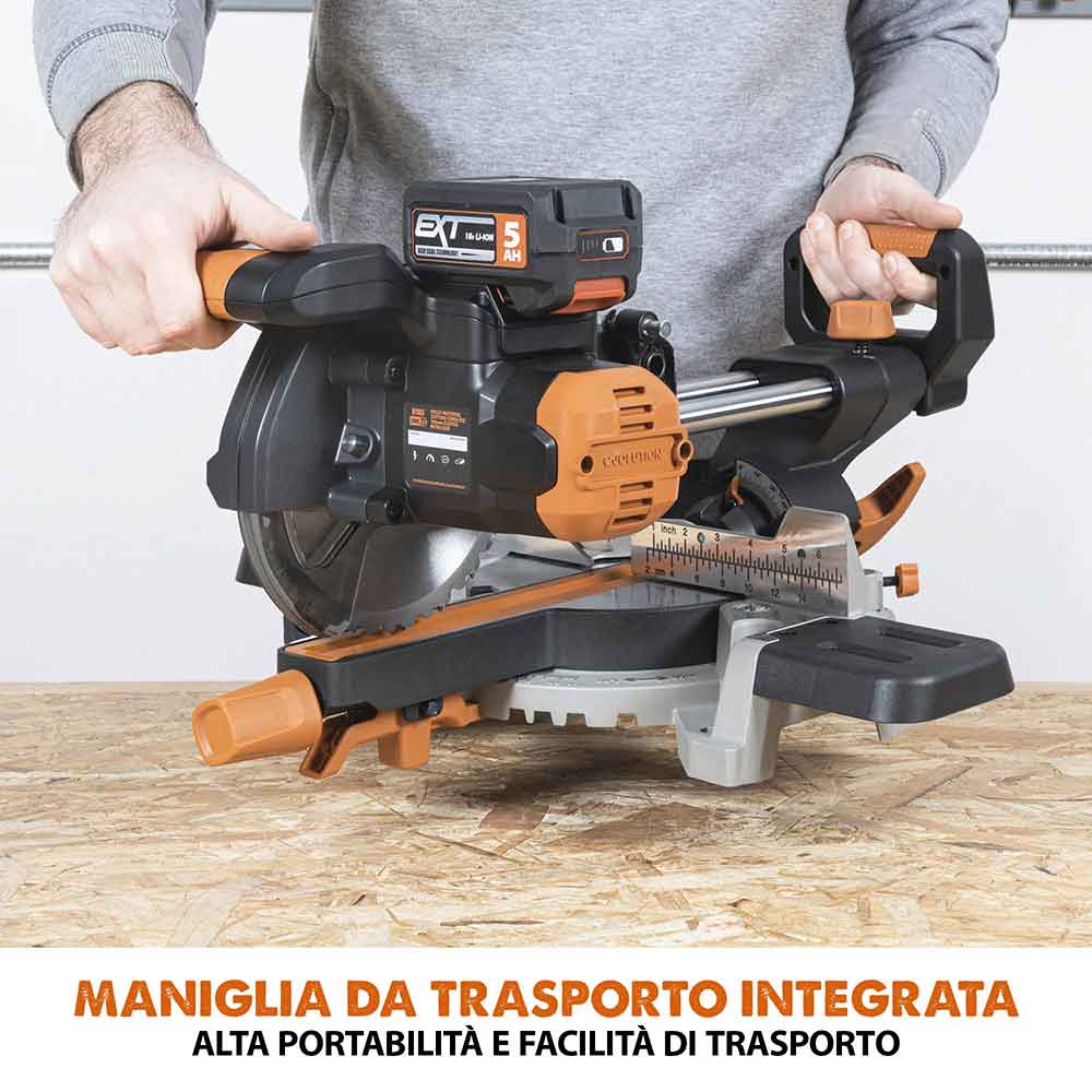 Troncatrice radiale angolare a batteria Evolution R185SMS-Li da 185 mm con lama multi-materiale TCT senza batteria e caricabatterie rapido