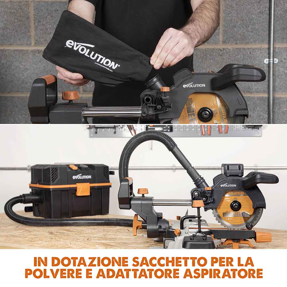 Troncatrice radiale angolare a batteria Evolution R185SMS-Li da 185 mm con lama multi-materiale TCT senza batteria e caricabatterie rapido