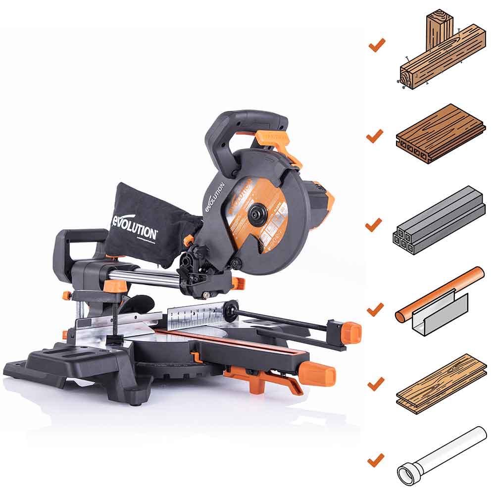 Pacchetto Evolution: Troncatrice radiale angolare R210SMS-300+ da 210 mm con Lama multi-materiale TCT + Supporto universale