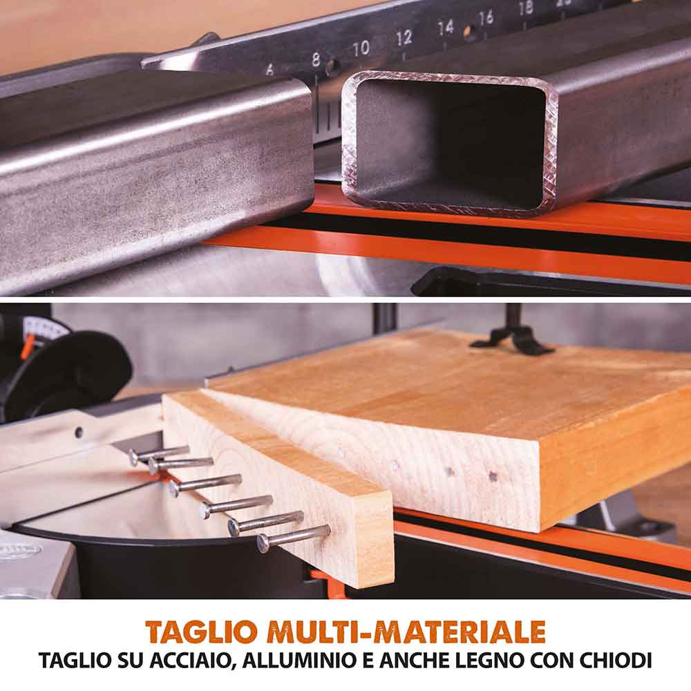 Pacchetto Evolution: Troncatrice radiale angolare R210SMS-300+ da 210 mm con Lama multi-materiale TCT + Supporto universale