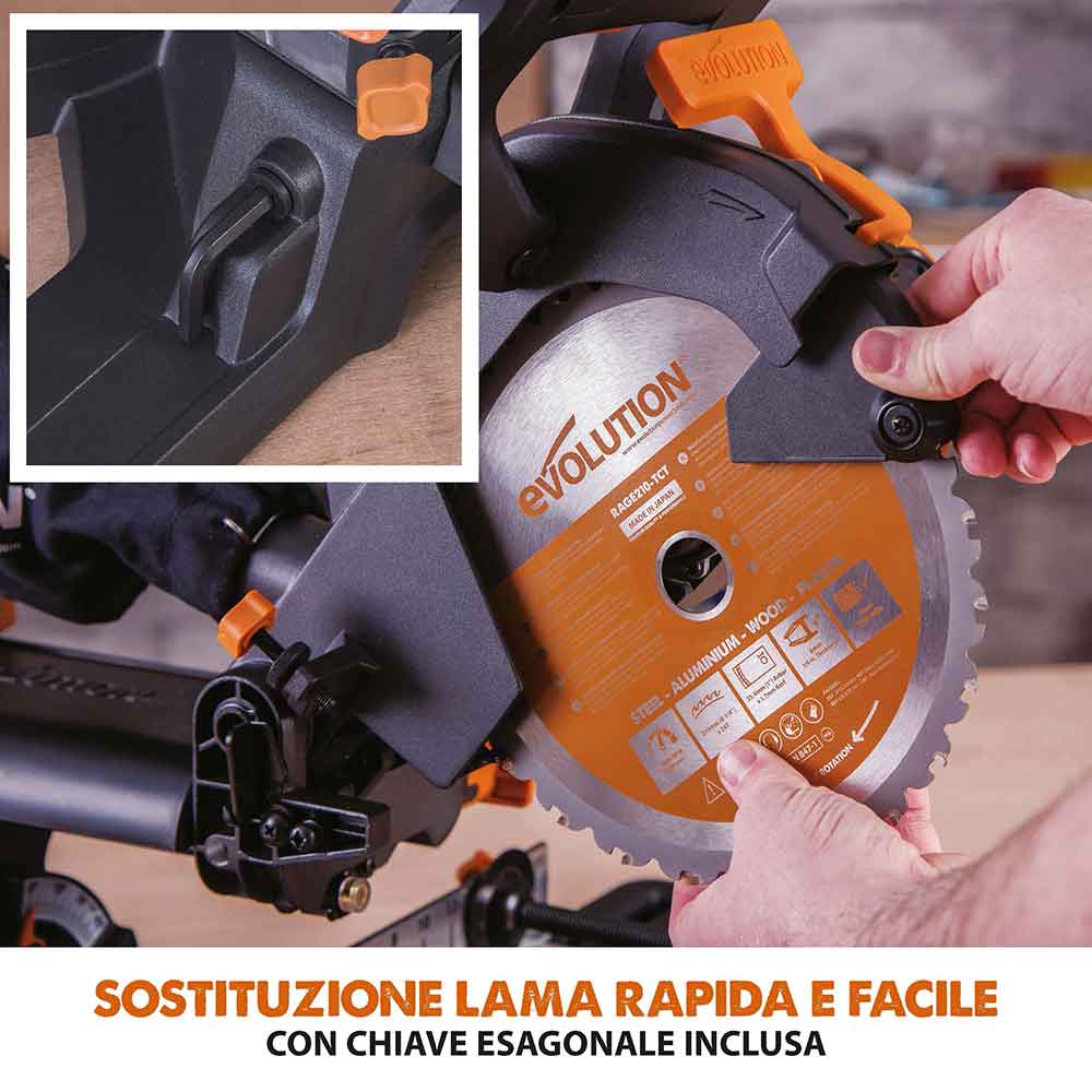Pacchetto Evolution: Troncatrice radiale angolare R210SMS-300+ da 210 mm con Lama multi-materiale TCT + Supporto universale