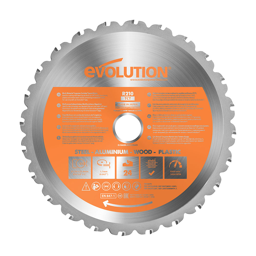 Lama multi-materiale TCT Evolution da 210 mm con 24 denti e alesaggio da 25,4 mm per troncatrice angolare e sega da banco