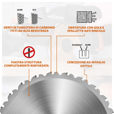 Lama multi-materiale TCT Evolution da 210 mm con 24 denti e alesaggio da 25,4 mm per troncatrice angolare e sega da banco