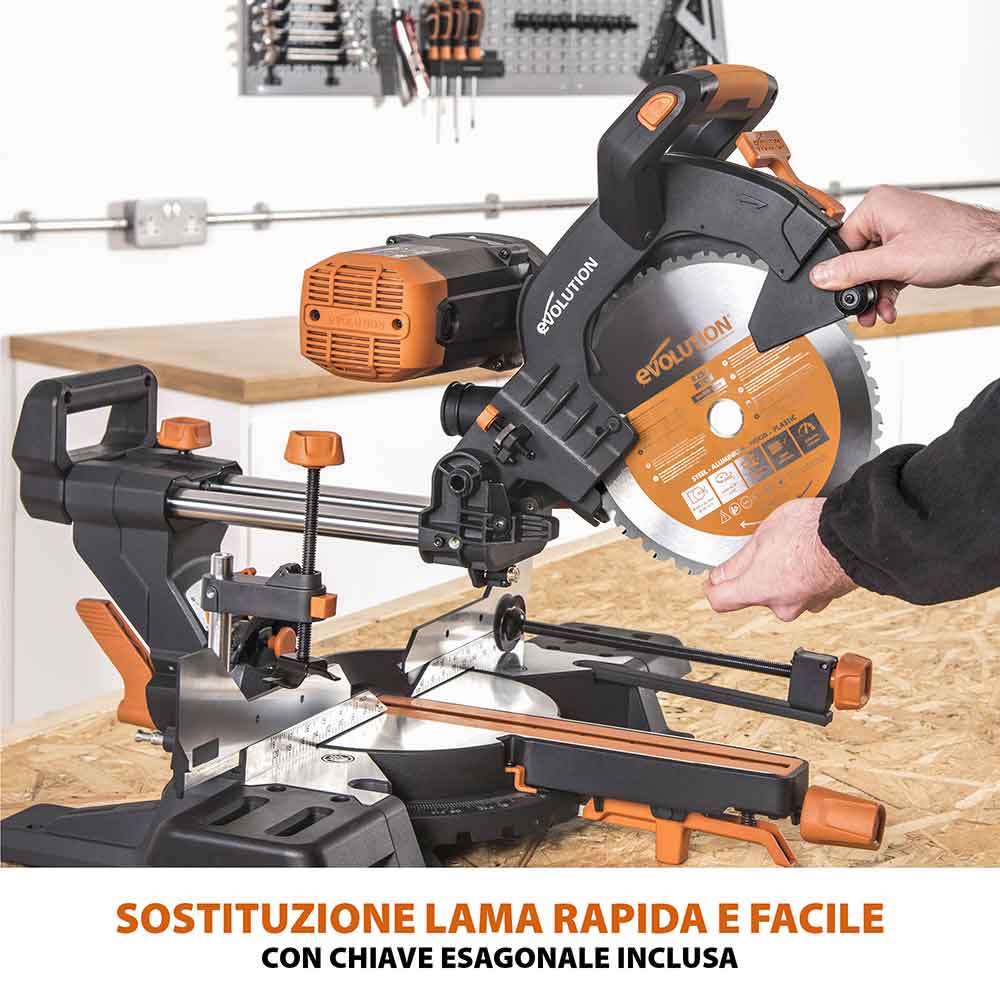 Pacchetto Evolution: Troncatrice radiale a doppia inclinazione da 255mm R255SMS-DB+ con lama multi-materiale TCT e lama per legno da finitura + Supporto universale PLUS