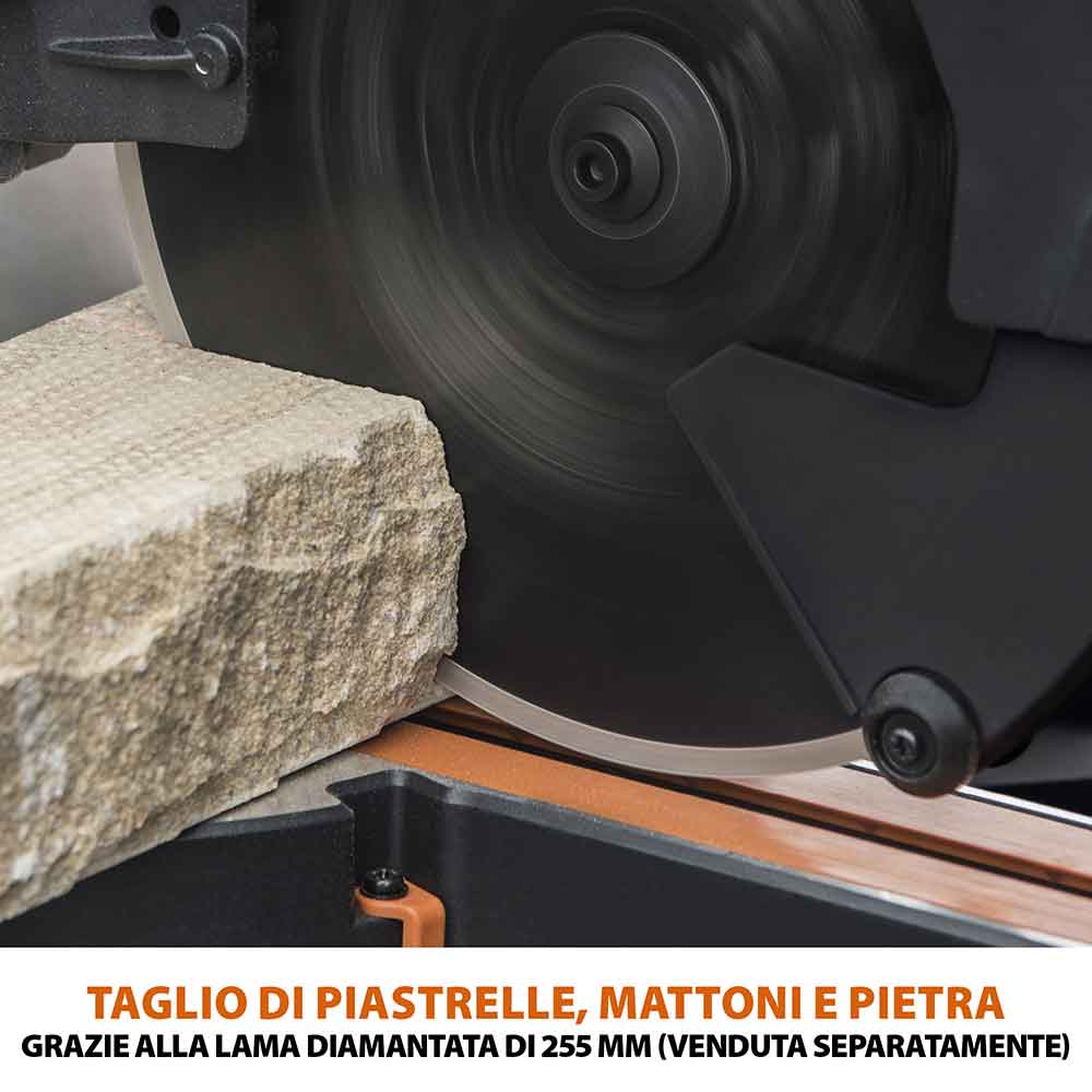Pacchetto Evolution: Troncatrice radiale a doppia inclinazione da 255mm R255SMS-DB+ con lama multi-materiale TCT e lama per legno da finitura + Supporto universale PLUS