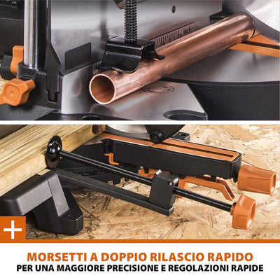 Pacchetto Evolution: Troncatrice radiale a doppia inclinazione da 255mm R255SMS-DB+ con lama multi-materiale TCT + Supporto universale