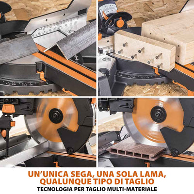 Pacchetto Evolution: Troncatrice radiale a doppia inclinazione da 255mm R255SMS-DB+ con lama multi-materiale TCT e lama per legno da finitura + Supporto universale PLUS