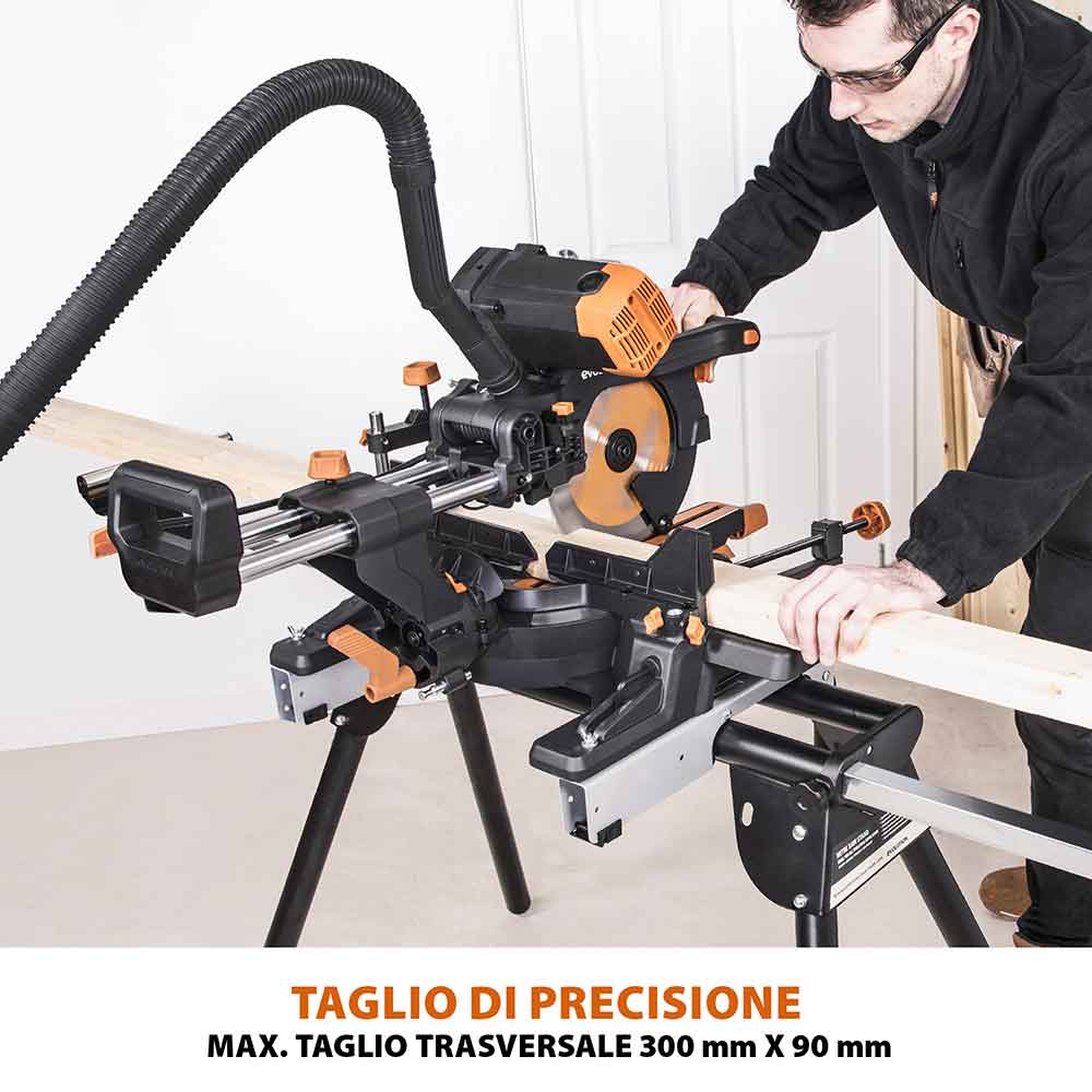 Pacchetto Evolution: Troncatrice radiale a doppia inclinazione da 255mm R255SMS-DB+ con lama multi-materiale TCT e lama per legno da finitura + Supporto universale PLUS