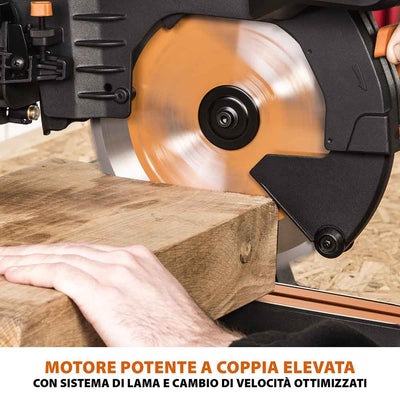 Pacchetto Evolution: Troncatrice radiale a doppia inclinazione da 255mm R255SMS-DB+ con lama multi-materiale TCT + Supporto universale