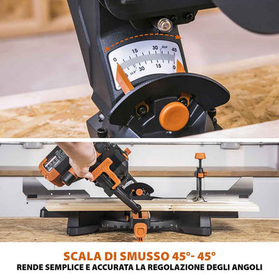 Pacchetto Evolution: Troncatrice radiale a doppia inclinazione da 255mm R255SMS-DB+ con lama multi-materiale TCT e lama per legno da finitura + Supporto universale PLUS