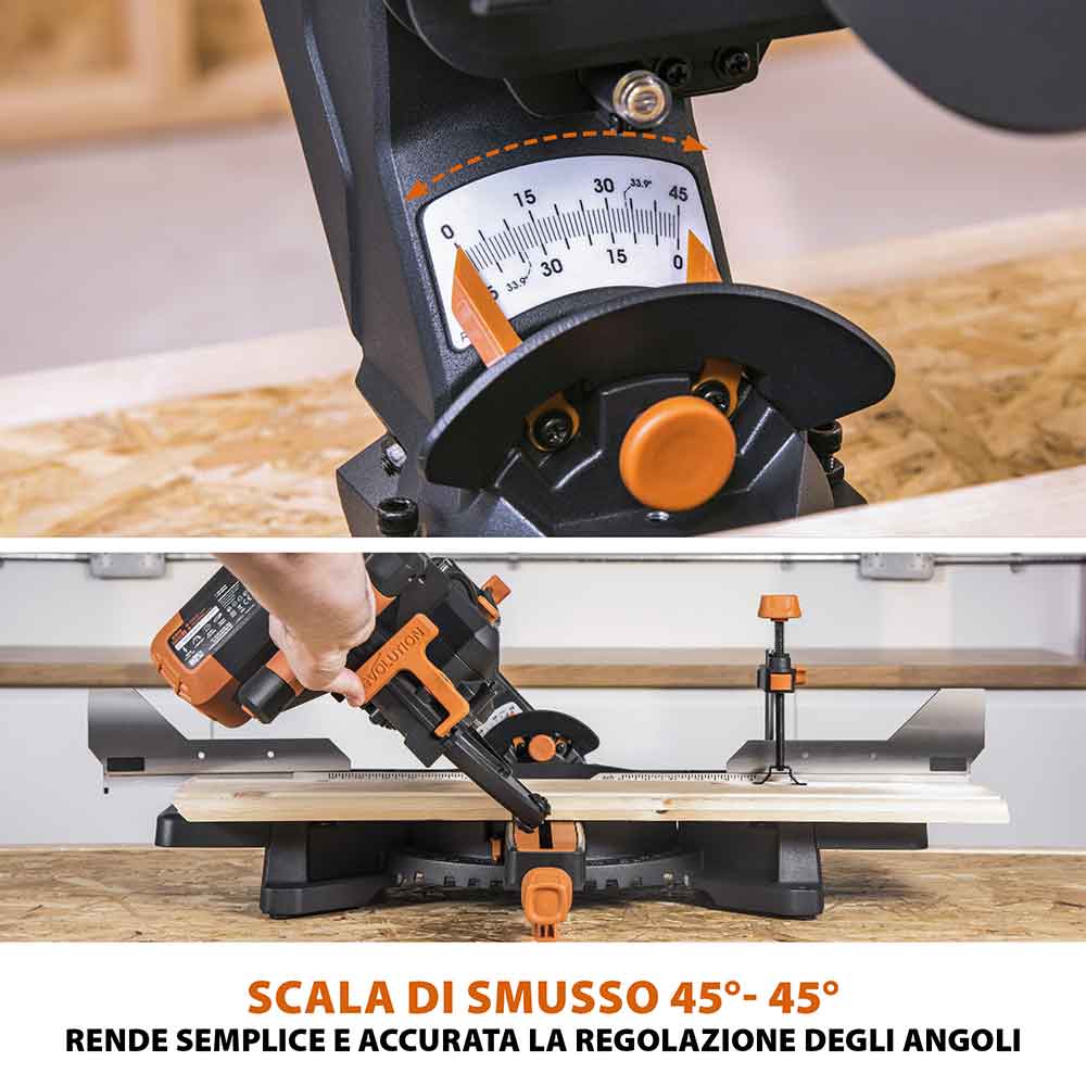 Pacchetto Evolution: Troncatrice radiale a doppia inclinazione da 255mm R255SMS-DB+ con lama multi-materiale TCT e lama per legno da finitura + Supporto universale PLUS