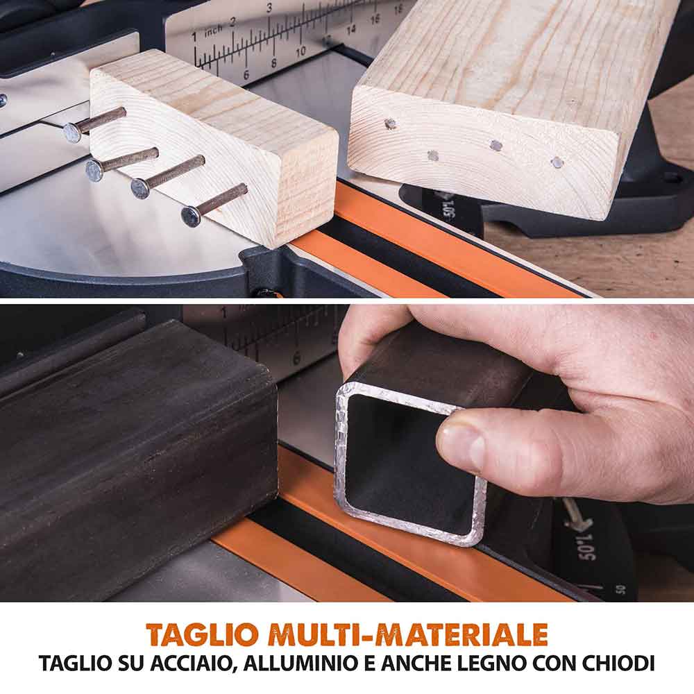 Pacchetto Evolution: Troncatrice radiale angolare da 255 mm R255SMS+ con lama multi-materiale TCT + Supporto universale PLUS