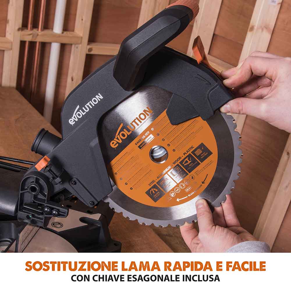Pacchetto Evolution: Troncatrice radiale angolare da 255 mm R255SMS+ con lama multi-materiale TCT + Supporto universale PLUS