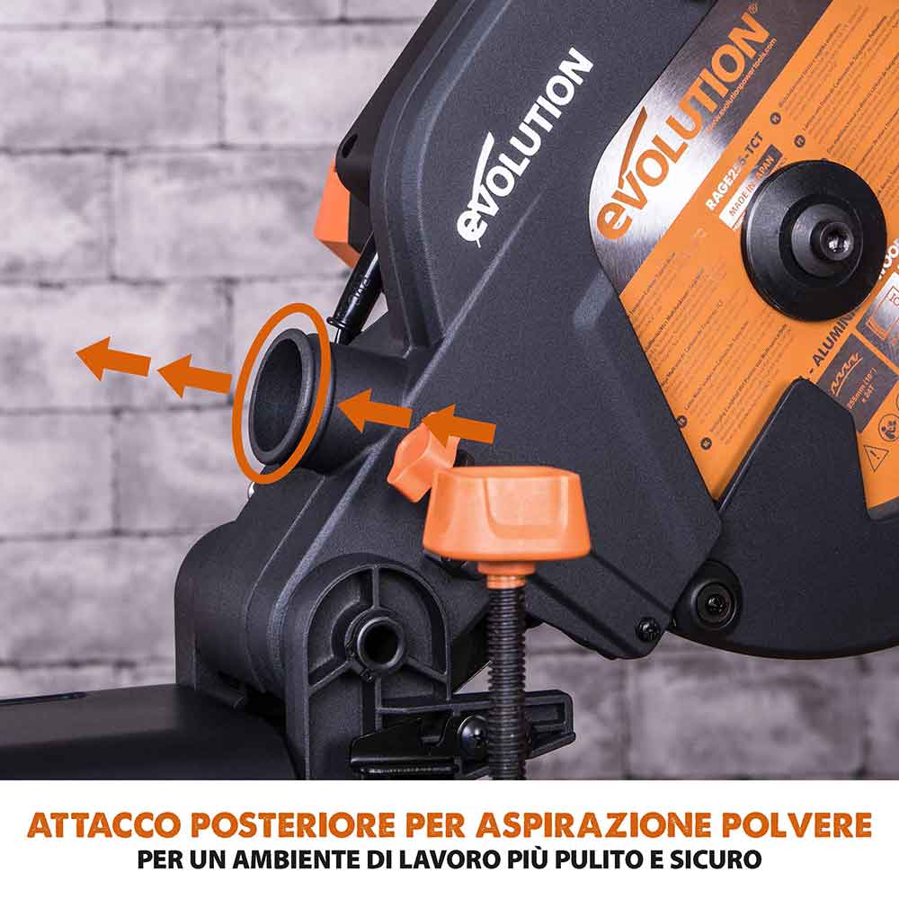 Pacchetto Evolution: Troncatrice radiale angolare da 255 mm R255SMS+ con lama multi-materiale TCT + Supporto universale