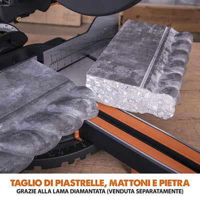 Pacchetto Evolution: Troncatrice radiale angolare da 255 mm R255SMS+ con lama multi-materiale TCT + Supporto universale PLUS