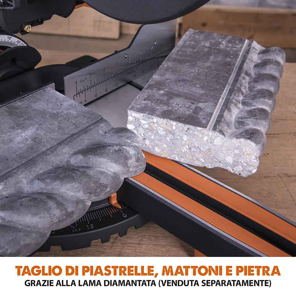 Pacchetto Evolution: Troncatrice radiale angolare da 255 mm R255SMS+ con lama multi-materiale TCT + Supporto universale PLUS