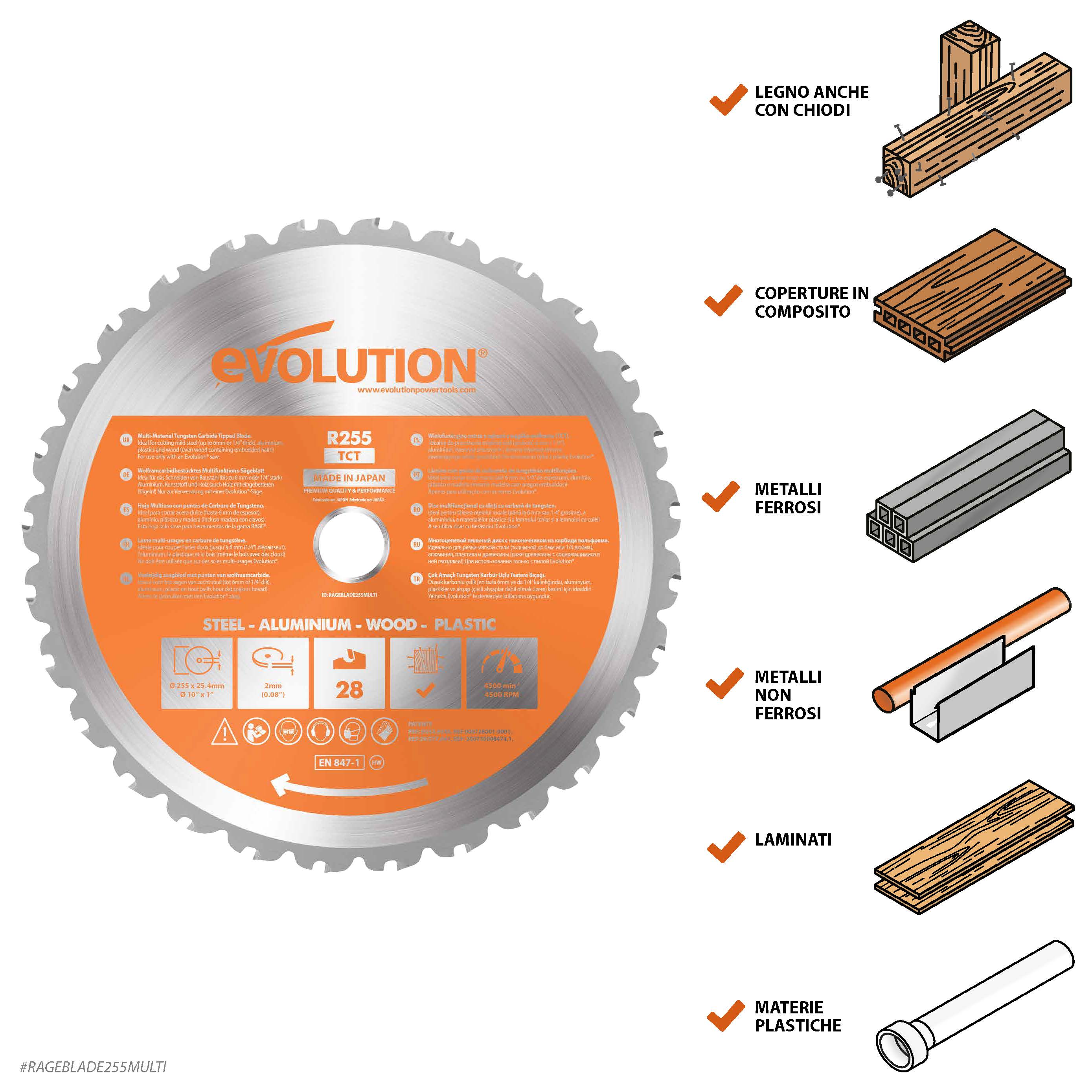 Lama multi-materiale TCT Evolution da 255 mm con 28 denti e alesaggio da 25,4 mm troncatrice angolare e sega da banco
