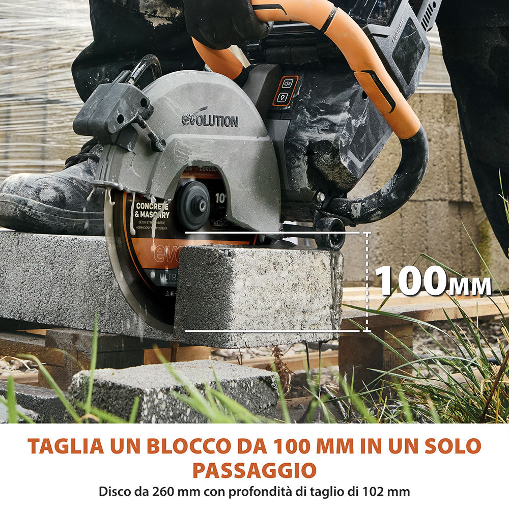 Sega per calcestruzzo a batteria Evolution R260DCT-Li – disco da 260 mm, motore senza spazzole 36V, raffreddamento ad acqua automatico