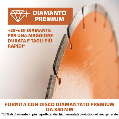 Sega per calcestruzzo elettrica 350mm Evolution R350DCT+ con sistema antipolvere e disco diamantato premium