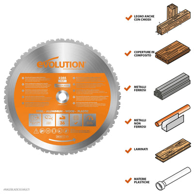 Lama multi-materiale TCT Evolution da 355 mm 36 denti foro 25,4 mm per sega circolare
