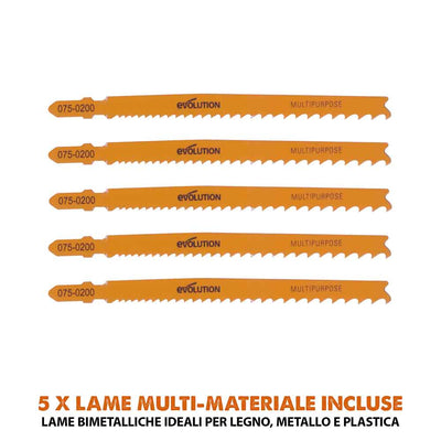 Seghetto alternativo a batteria Evolution R90JGS-Li con 5 lame multi-materiale, batteria da 2Ah e caricabatterie