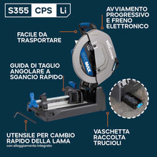 Troncatrice a trazione a batteria da 355mm per il taglio dei metalli, con motore brushless da 36V e lama EvoMax – S355CPS-Li
